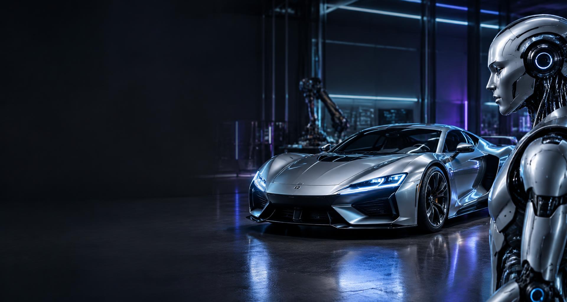 Robô humanoide e veículo esportivo prateado em um ambiente de tecnologia automotiva